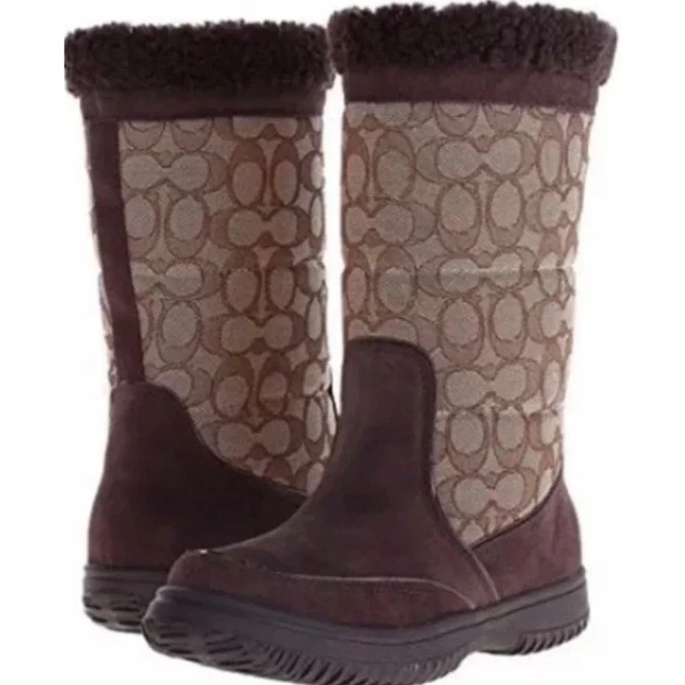Coach Sherman Sig Brown Monogram Suede Faux Fur Winter Boots A00771 Womens‎ 5B